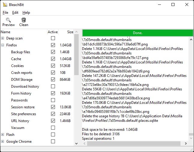 BleachBit cleaning window on Windows showing checked cleaners and a completed delete pass